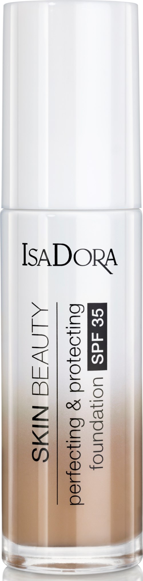 En hudvårdsflaska märkt IsaDORA med SPF 35, som ger skydd och perfekt foundation för huden.