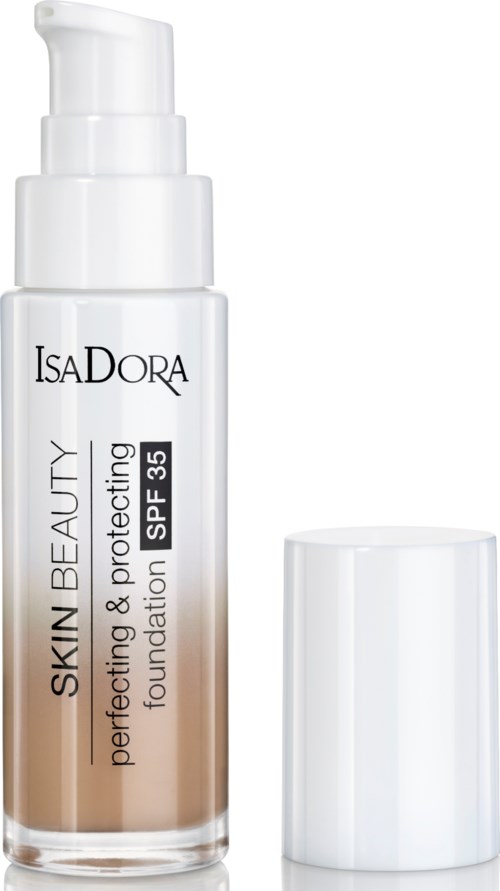 En flaska av Isadora foundation för hudskönhet med SPF 35, avsedd att förbättra och skydda huden.