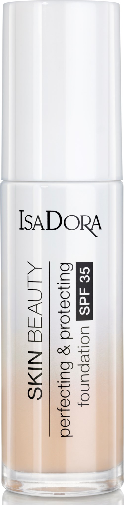 En vit flaska märkt IsaDora med SPF 35, för hudskydd och foundation. Den säger 'perfektion och skydd.'