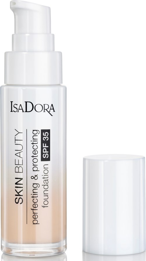 En vit flaska med IsaDora-foundation med pump, märkt som skin beauty, perfekt, skyddande, SPF 35 och foundation.