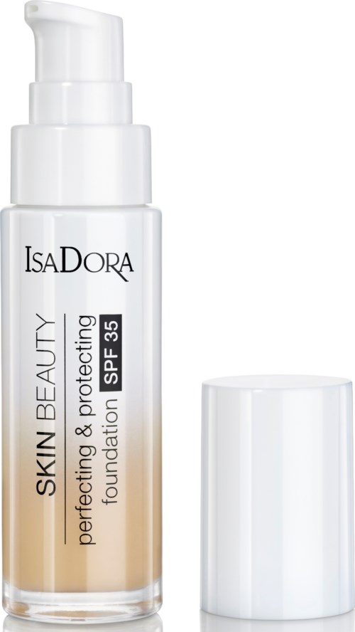 En flaska IsaDora Skin Beauty foundation med SPF 35, pump och vit lock.