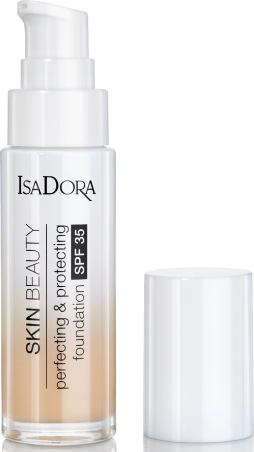 En lång vit flaska med pump och avtagbar lock. Den är för foundation med SPF 35 skydd.