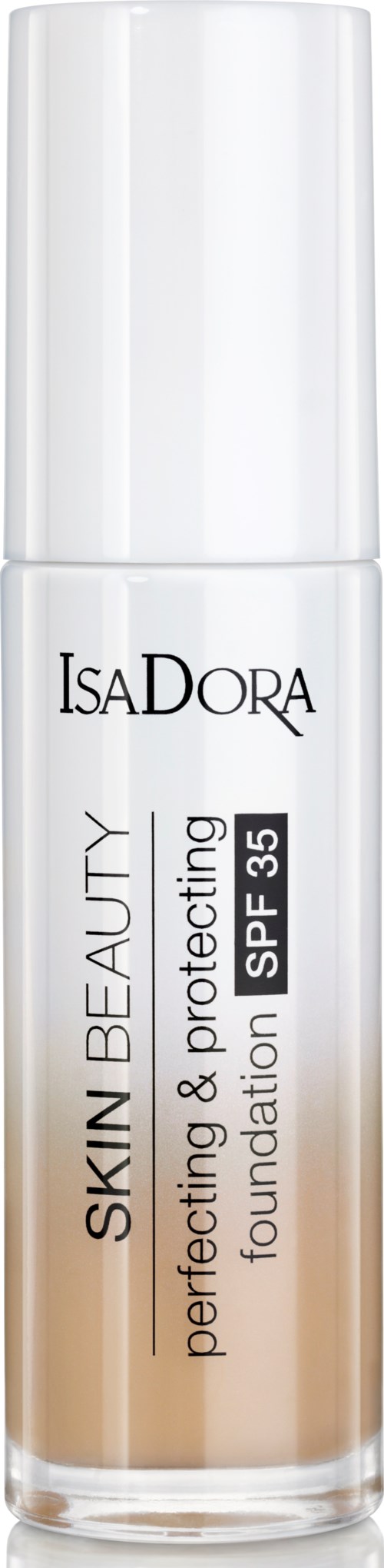 En vit flaska av IsaDora-foundation med SPF 35, märkt som "Skin Beauty" och "Perfecting & Protecting."