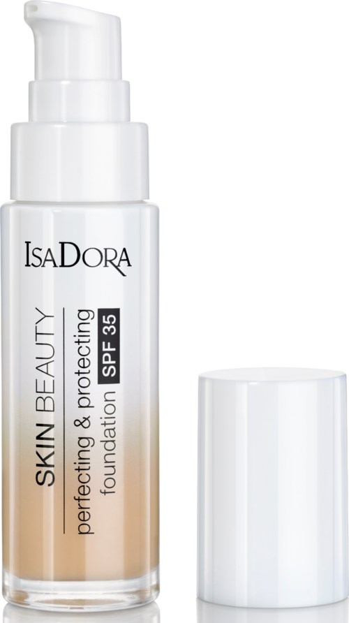 En flaska foundations med SPF 35 från IsaDora, märkt som hudens skönhet förfinar och skyddar.