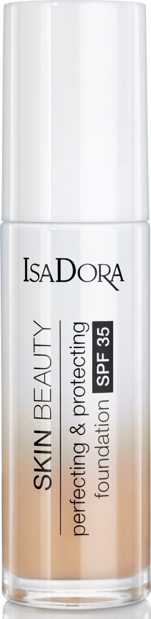 En flaska IsaDora skin beauty foundation med SPF 35. Den är avsedd för att skydda och förbättra huden.