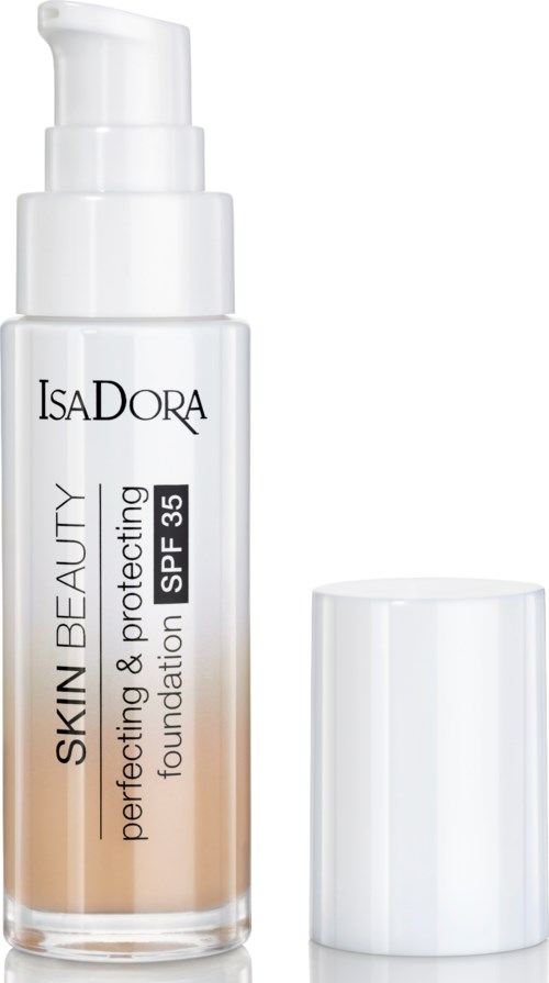En flaska från IsaDora med SPF 35, hudfärgad, och en vit lock, används för makeup.