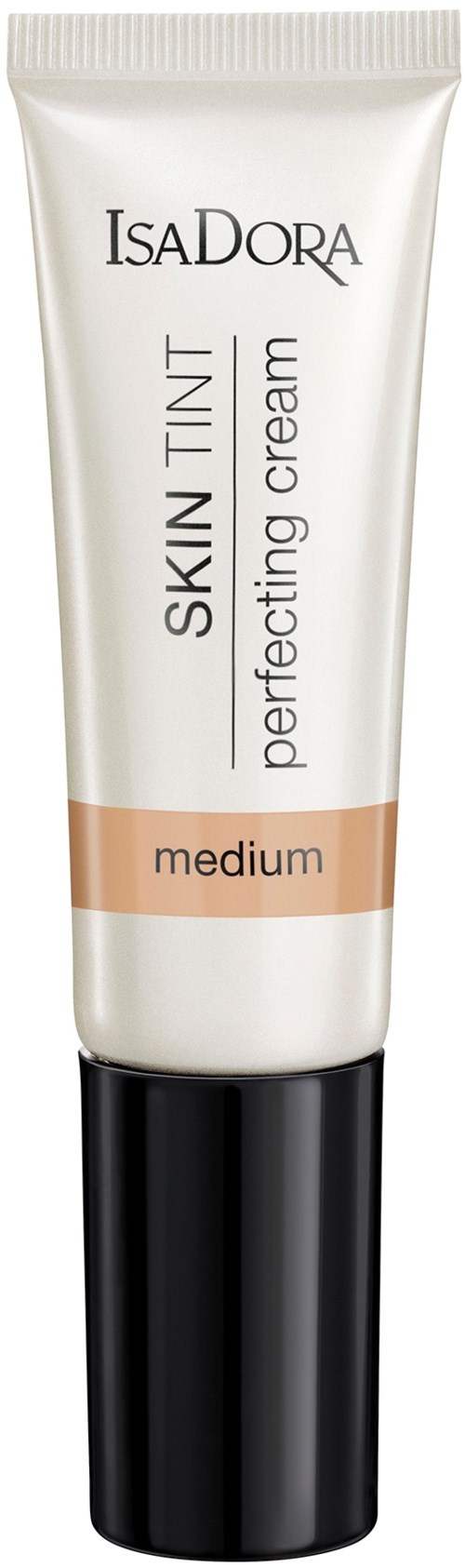 En tub med IsaDora Skin Tint Perfecting Cream i medium nyans med svart lock och vit kropp.