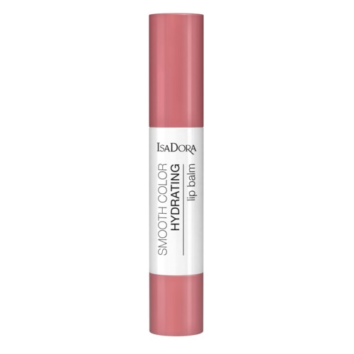A pink cylindrical lip balm tube with a white label that reads 'IsaDora' and 'Smooth Color Hydrating'.
