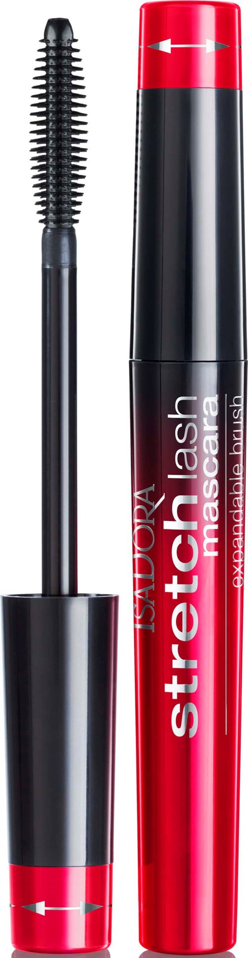 En svart och röd mascara-essens med orden "Stretcha Lash" skrivet på den, och mascaraborsten bredvid.