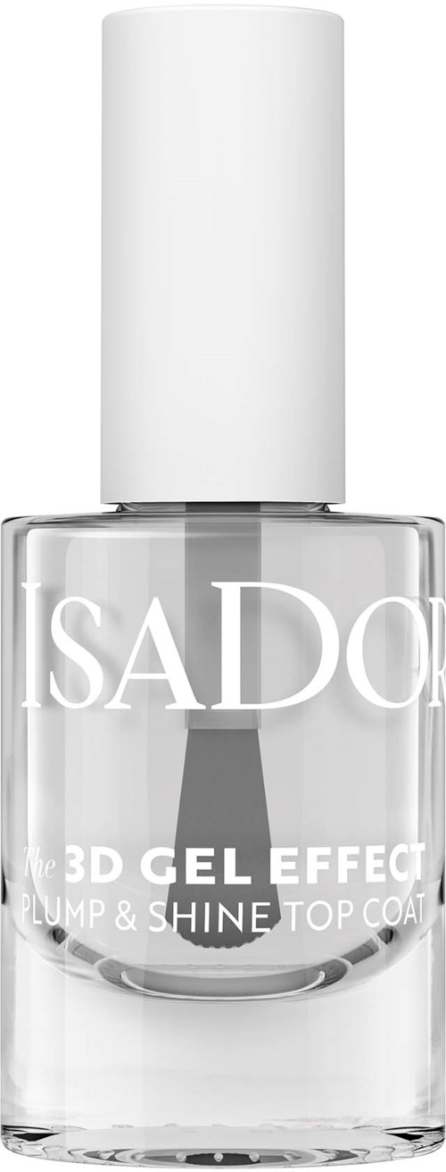 Läpinäkyvä lasipullo, jossa valkoinen kansi, merkinnällä "SADO" ja "3D Gel Effect" kirkkaalle päällyslakkalle.