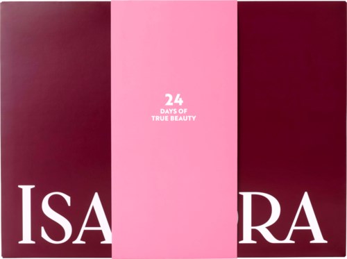 Förpackning från varumärke med rosa mittsektion som säger 24 Days of True Beauty och stora vita bokstäver IsaRa.
