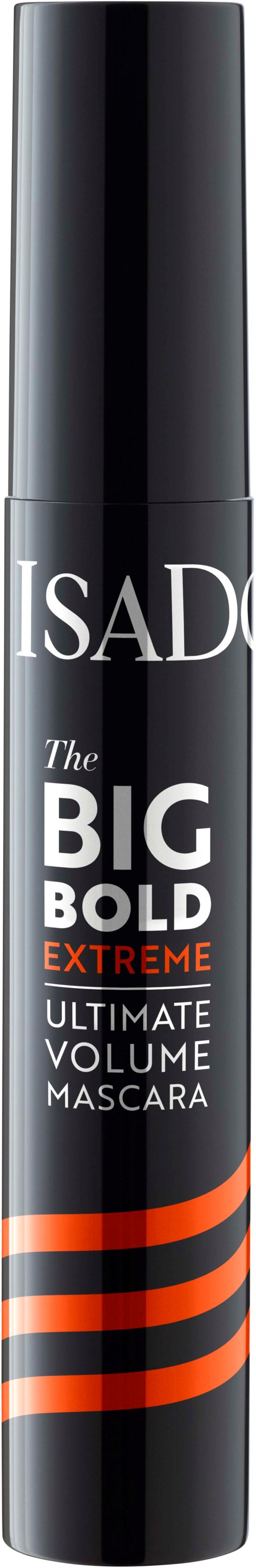 Black mascara tube with orange and white stripes and bold text, labeled as "Ultimate Volume Mascara."