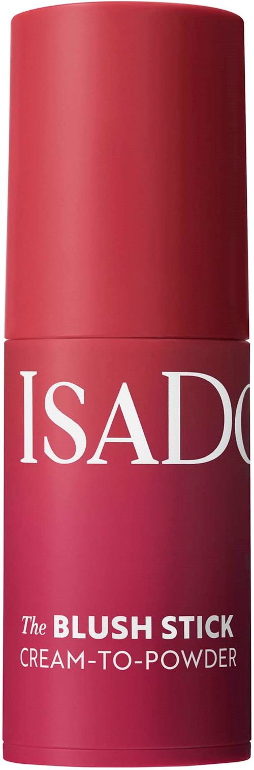A pink cylindrical cosmetic stick labeled Isado, called The Blush Stick, cream-to-powder formula.