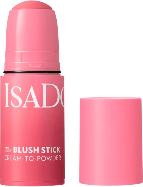 A pink blush stick with a cap, labeled ISADQ, designed for cream-to-powder makeup application.
