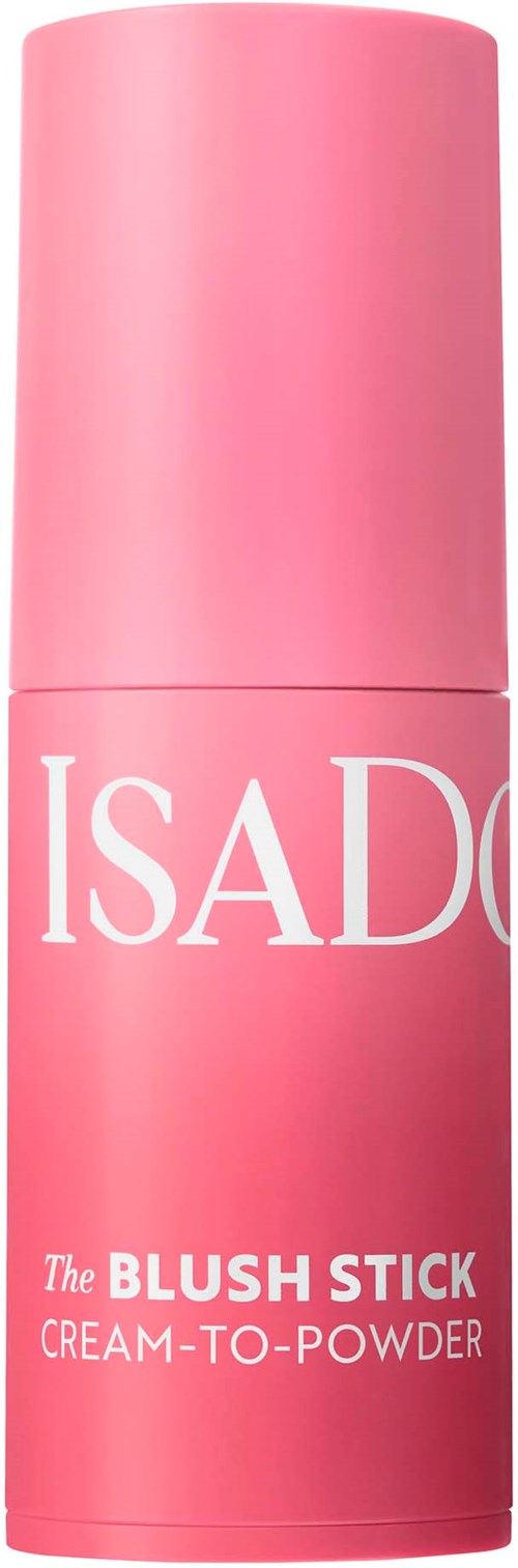 Pink stick container with white and pink text for Isadora blush stick cream-to-powder makeup.