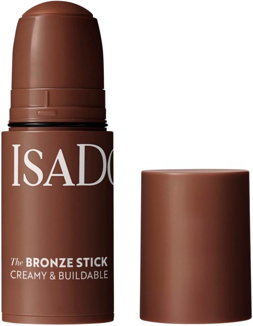 En brun stift deodorant med aftagelig låg, mærket 'ISAD', 'Bronze Stick', 'Creamy & Buildable'.