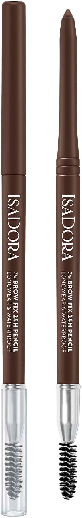 Two brown eyebrow pencils, one with a spoolie brush and one with a pencil tip, labeled ISADORA.