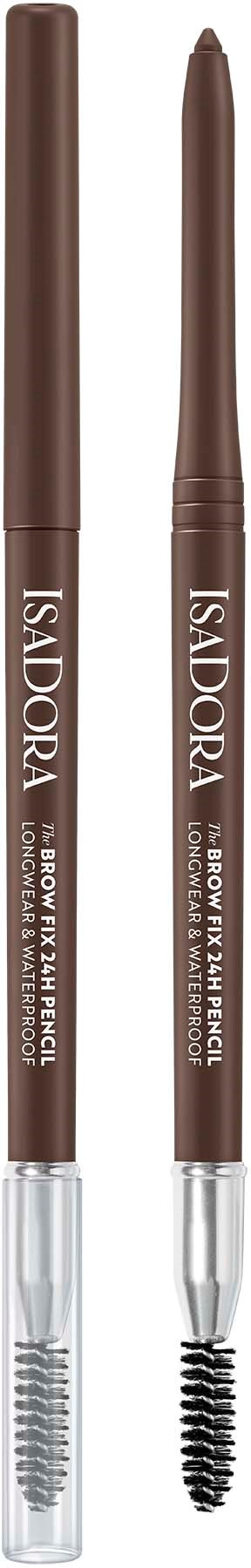 Two brown eyebrow pencils with clear caps, one with a spoolie brush and the other with a fine tip, labeled IsaDora.