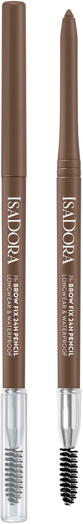 Two brown eyebrow pencils with sponges on one end and brushes on the other, labeled IsaDora.