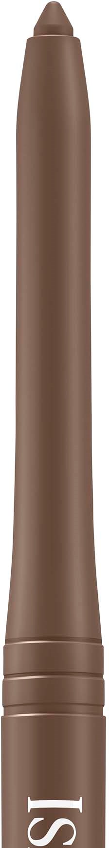 A brown lipstick in a slim, cylindrical container with gold rings near the base.