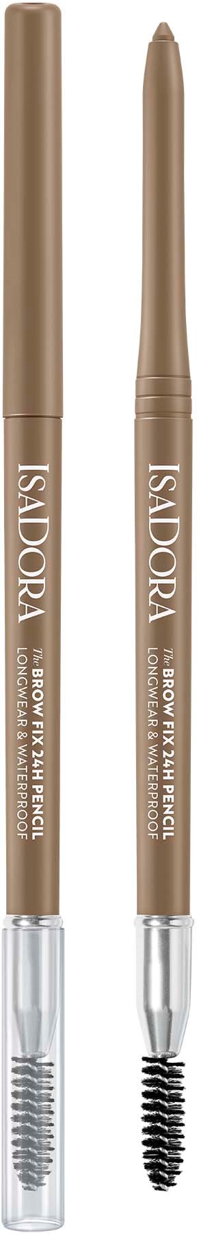 Two dual-ended eyebrow pencils with brown shades, one with a spoolie brush and the other with a precision tip.