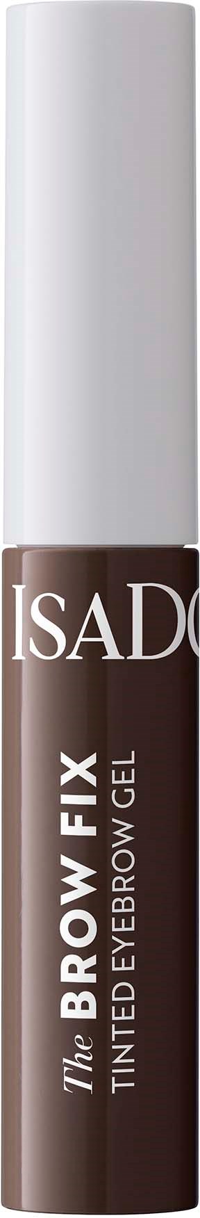 A brown tinted eyebrow gel in a white roller tube labeled "The Brow Fix" by ISADORE.