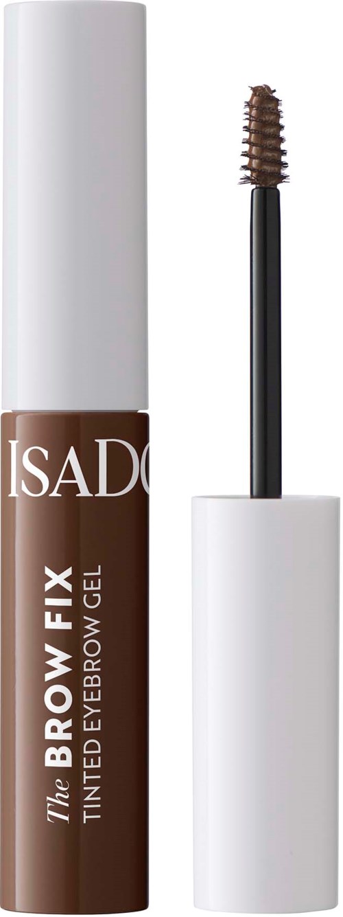 A brown tinted eyebrow gel with a white cap, and a brush applicator exposed. The label reads 'The Brow Fix' by ISADORA.
