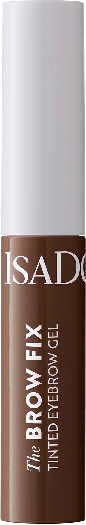 A brown-colored pen labeled "The Brow Fix Tinted Eyebrow Gel" by Isado against a black background.
