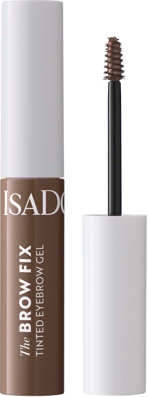 A brown eyebrow gel tube with a white cap, open with applicator brush visible, labeled 'The Brow FIX Tinted Eyebrow Gel'.
