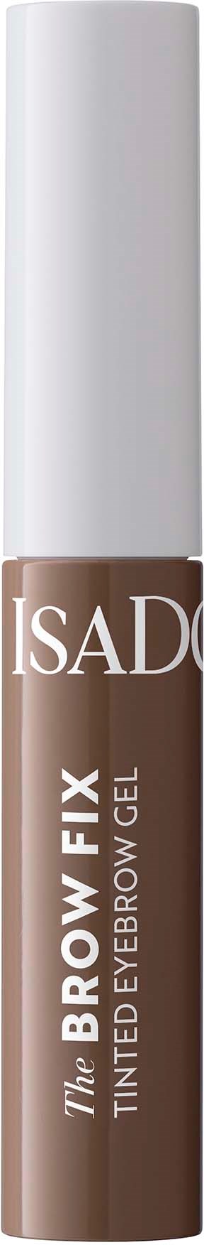 A eyebrow gel tube with a white cap, labeled "The Brow Fix Tinted Eyebrow Gel" by IsAD.