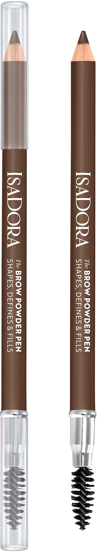 To brune øjenbrynspennes, en med spoolie-børste og en med filtspids, mærket "Isa Dora".