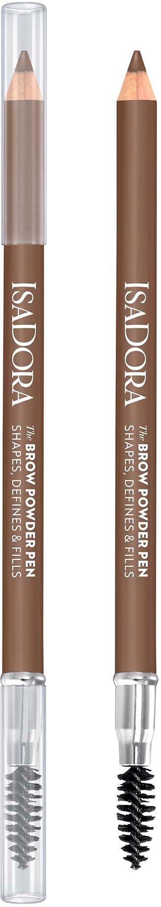 Twee wenkbrauwpotloden, één met spoelborstel, worden weergegeven in grijs en bruin. Ze zijn gemerkt als IsaDora eyebrow powder pen.