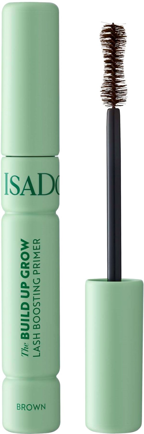Grön mascara med öppen kork, visar mascaraborsten med brunt mascara. Text på tuben inkluderar isADo och lash builder.