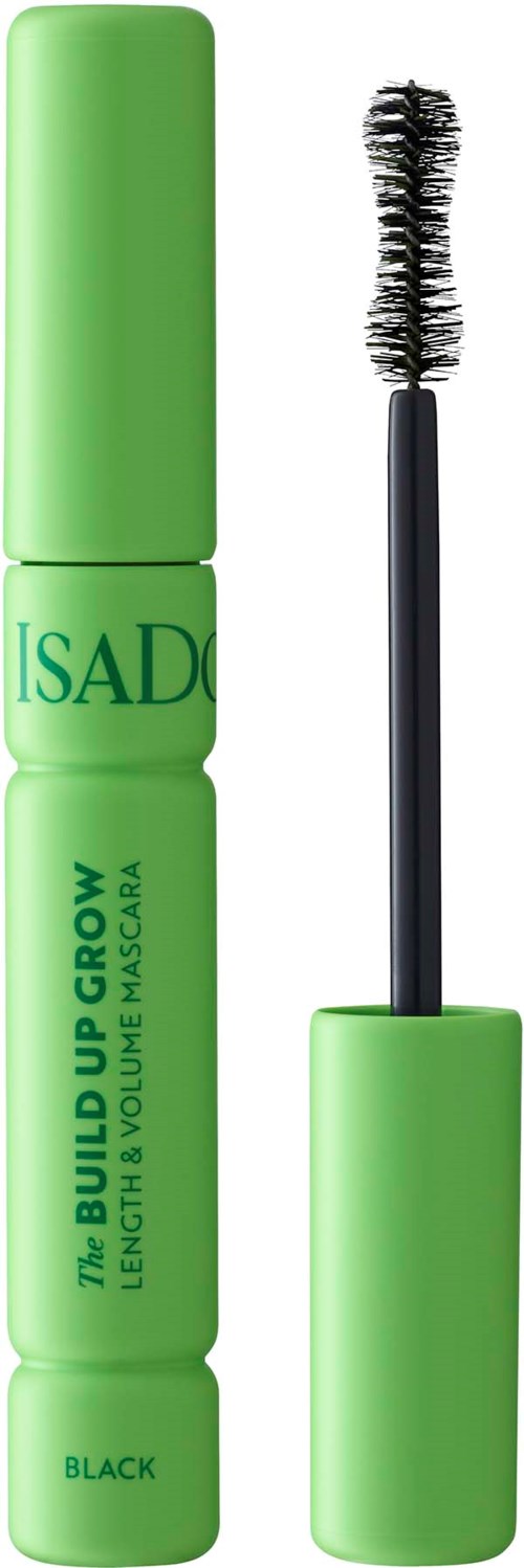 Green mascara tube with a black brush applicator, labeled as volume mascara from Isado.