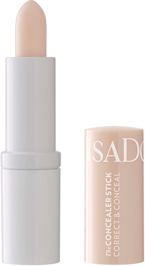 Beige concealer-kynä ilman kantta, paljastaa tuotteen. Kansi on vieressä.