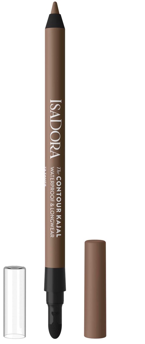 En nude ögonbrynspenna med svart spets, ett tydligt lock och ett brunt lock, märkt Isadora och Contour Kajal.