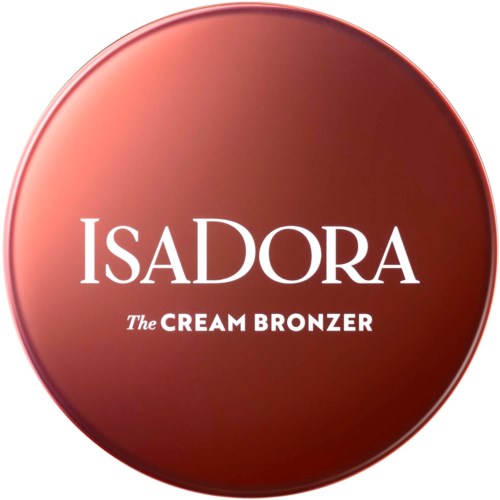 Ein runder Produktbehälter in glänzendem Bronze, beschriftet "Isadora The Cream Bronzer."