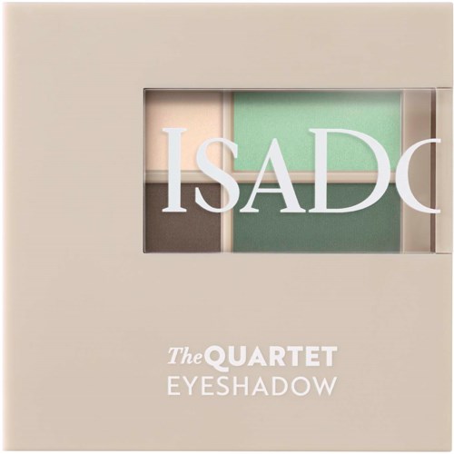 Neutraalinen neliön muotoinen laatikko, jossa on ikkuna eri sävyisille luomiväreille, nimeltä "The Quartet Eyeshadow".