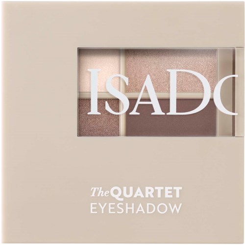 Beżowa paleta cieni do oczu z czterema odcieniami i marką ISADQ. Produkt nazywa się The Quartet Eyeshadow.