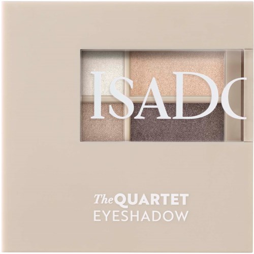 Beigerotisk laatikko sisältää neljä silmäluomiväriä, merkitty 'ISADC' ja teksti 'The QUARTET EYESHADOW'.