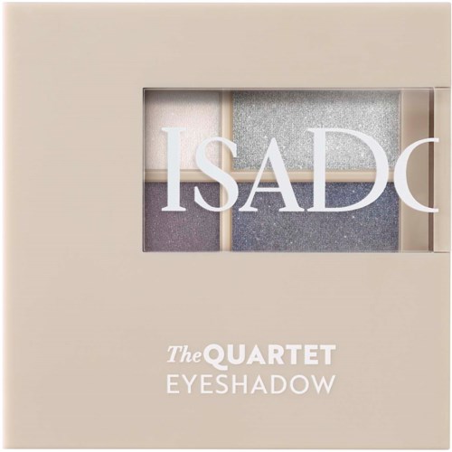Neutraalin sävyinen laatikko sisältää neljä hohtavaa luomiväriä ja on merkitty 'ISADQ' ja 'The QUARTET EYESHADOW.'