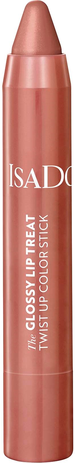 Kiiltävä huulipuna vaaleanpunaisessa sävyssä, valkoinen teksti, IsaDOR twist up color stick.