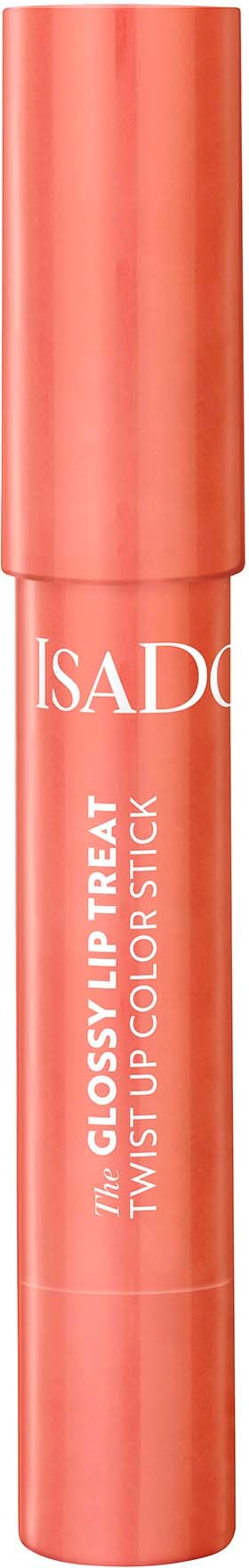 Koralli värinen huulikynä, jossa lukee 'IsaDac' ja 'glossy lip treat', kierrekorkillinen.