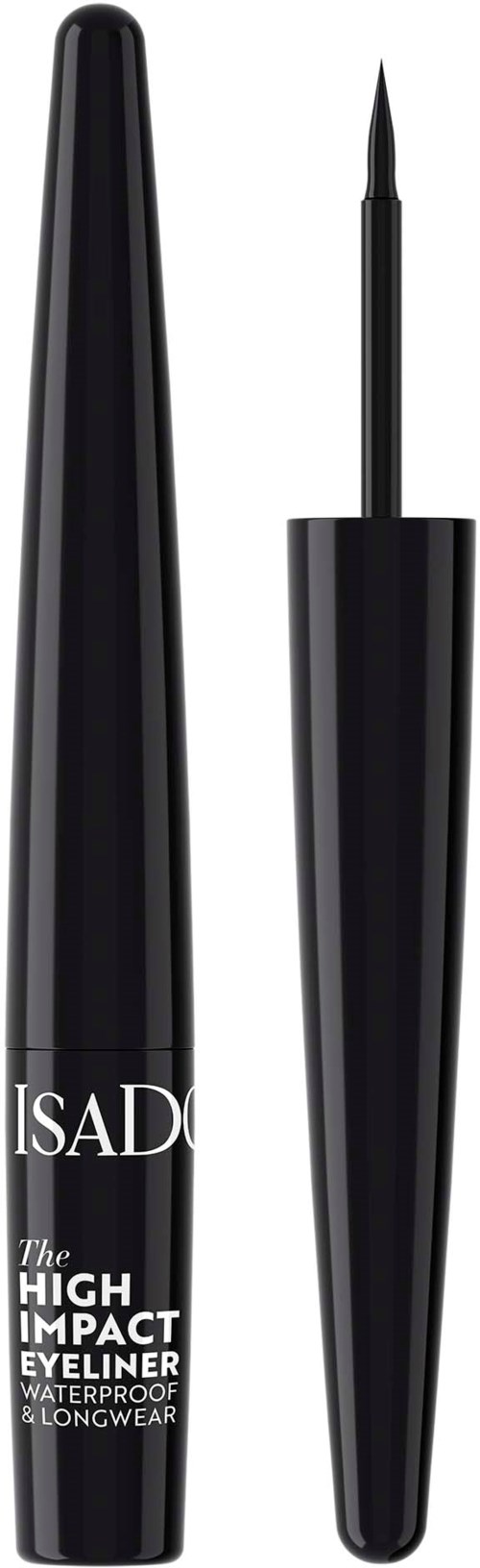 Vesitiivis, pitkäkestoinen nestemäinen eyeliner ohuella harjalla, mustassa pullossa, jossa valkoinen teksti.
