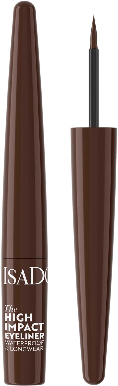 Ruskea vedenpitävä eyeliner-putki ja ohut harjaspää. Etiketissä tuotetiedot.