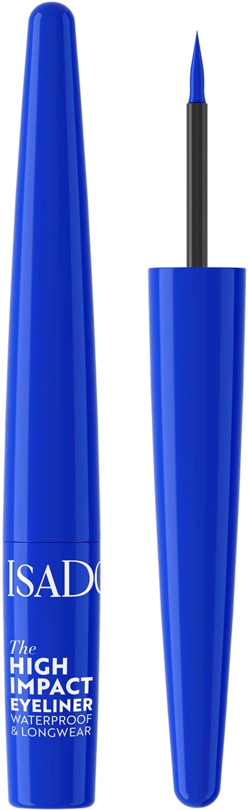 Sininen vesiliukoinen nestemäinen eyeliner siveltimellä, nimeltään ISADQ, pitkäkestoiseen käyttöön.