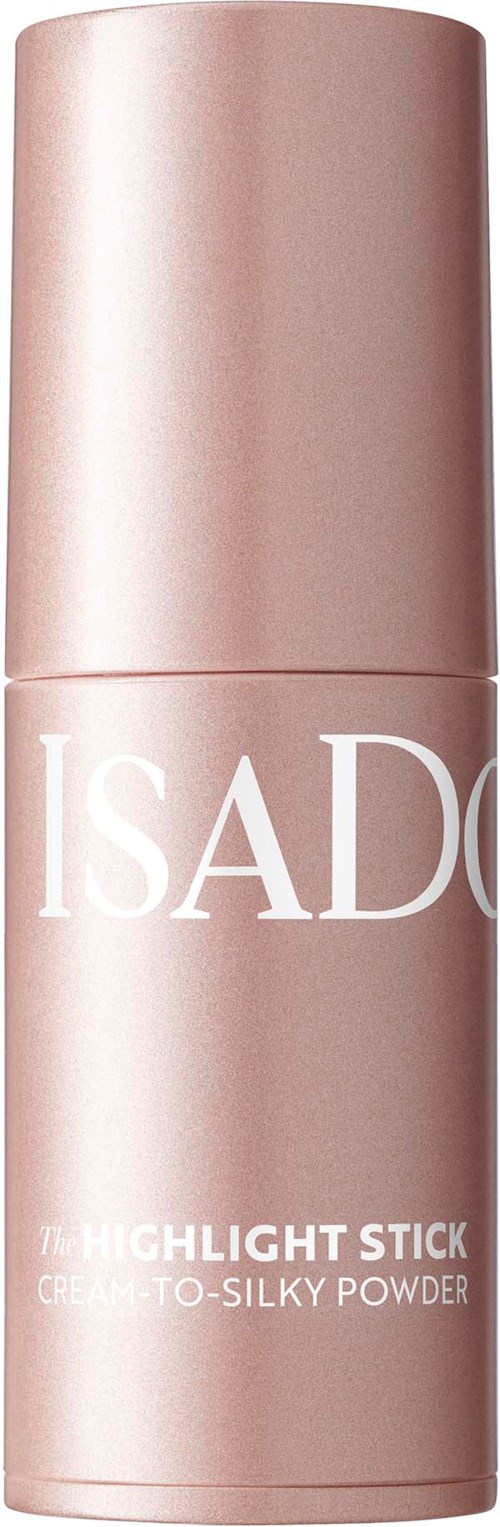 Ljusrosa cylindrical förpackning med vit text som säger ISAD, highlight stick, kräm till silkeslen puder.