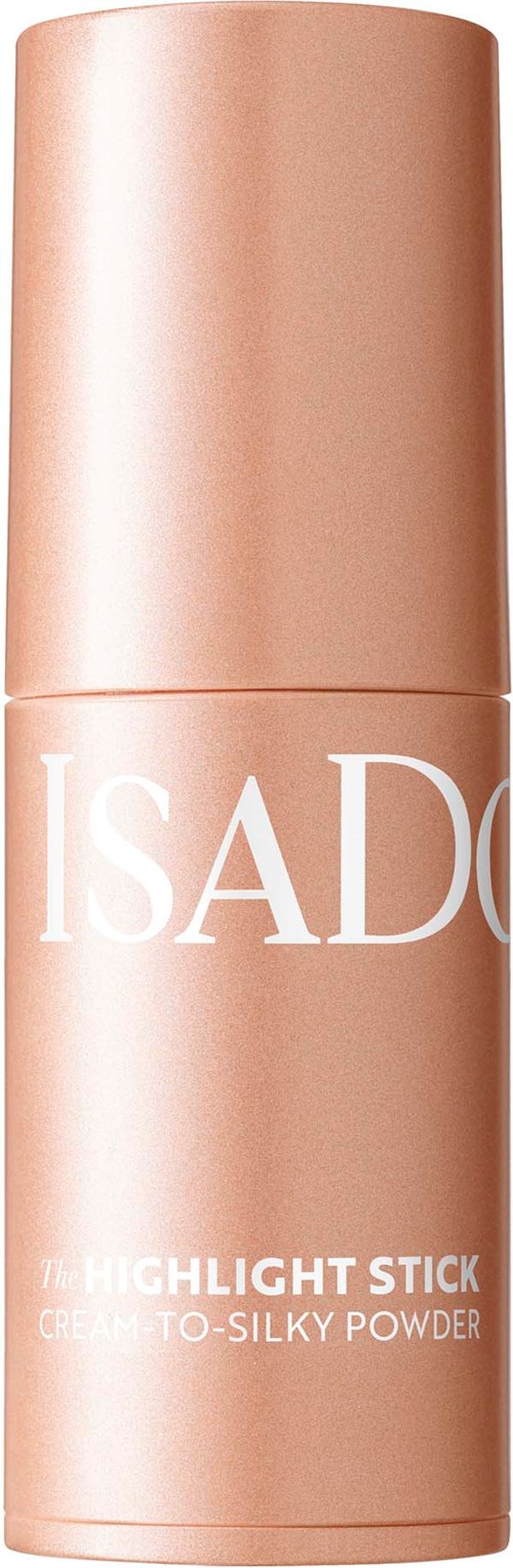 Beije Isadore Highlight Stick med vitt text, highlighting cream-to-silky puder makeup produktförpackning.
