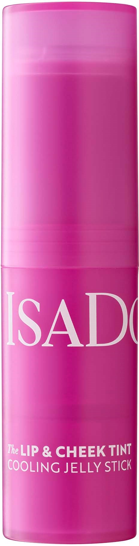 A pink cylindrical container for a lip and cheek tint cooling jelly stick. It has white text and a shiny surface.