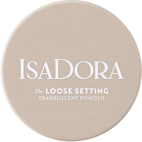 En rund beige behållare för IsaDora loose setting translucent powder. Etiketten har vitt text som anger produktens namn och typ.